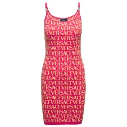 Versace Mini Fuchsia Dress With All-over Logo Lettering Print And Medusa Detail In Cotton Blend Woman