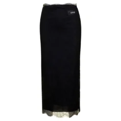 Dolce & Gabbana Midi Black Skirt With Re-edition Patch In Chantilly Lace Woman