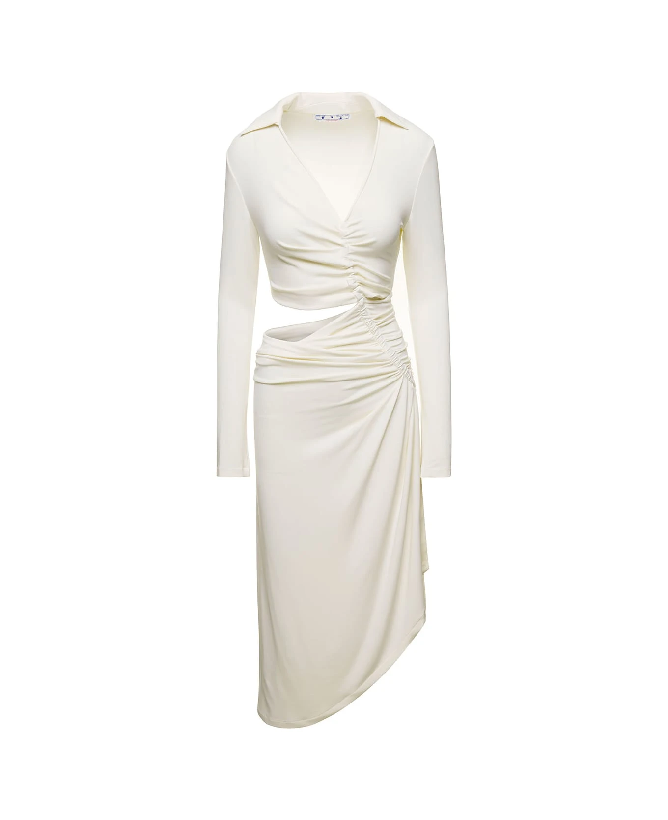 Off-White Midi White Dress With Cut And Gathering Details In Viscose Stretch Woman 3 Off-White Midi White Dress With Cut And Gathering Details In Viscose Stretch Woman