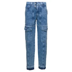 Blue Denim Cargo Pants With Pockets In Cotton Woman