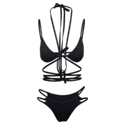 Black Triangle Bikini With Crossed Laces In Stretch Polyamide Woman