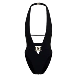 Black One-piece Swimsuit With Plunging V Neck With Belt In Lycra Woman Dolce & Gabbana