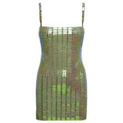 'rue' Mini Green Dress With Mirror Sequins In Stretch Rayon Woman