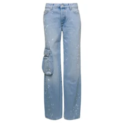 Off-White Light Blue Jeans With Cargo Pocket And Paint Stains In Cotton Denim Woman