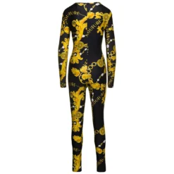 Versace Jeans Couture Black And Gold Log Jumpsuit With 'chain' Baroque Motif In Stretch Nylon Woman -ITALIST SHOP 90d3d99aa01ecabd453a472c1683cf39