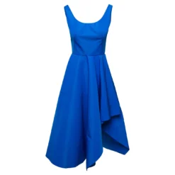 Alexander McQueen Midi Blue Draped Dress With Asymmetric Bottom In Polyfaille Woman