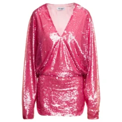 'gael' Mini Pink Dress With Long Sleeves And All-over Paillettes Embroidery In Fabric Woman