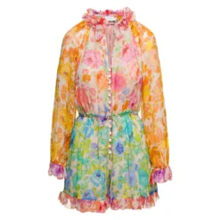 Zimmermann 'raie' Multicolor Long Sleeved Playsuit With All-over Floreal Print In Silk Woman