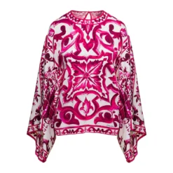 Dolce & Gabbana Fuchsia And White Blouse With Wide Sleeves And Majolica Print In Stretch Silk Woman